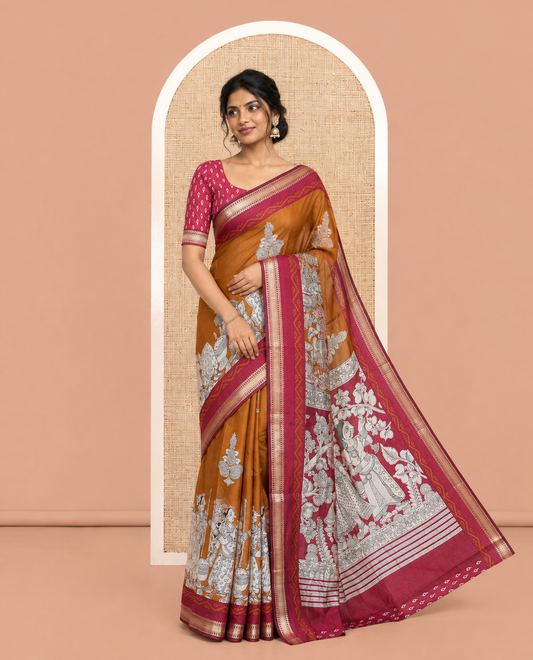 Mustard Chanderi Cotton Saree, Accentuated with Kalamkari Print, a Contrast Zari Border, Kalamkari Pallu, a Contrast Blouse