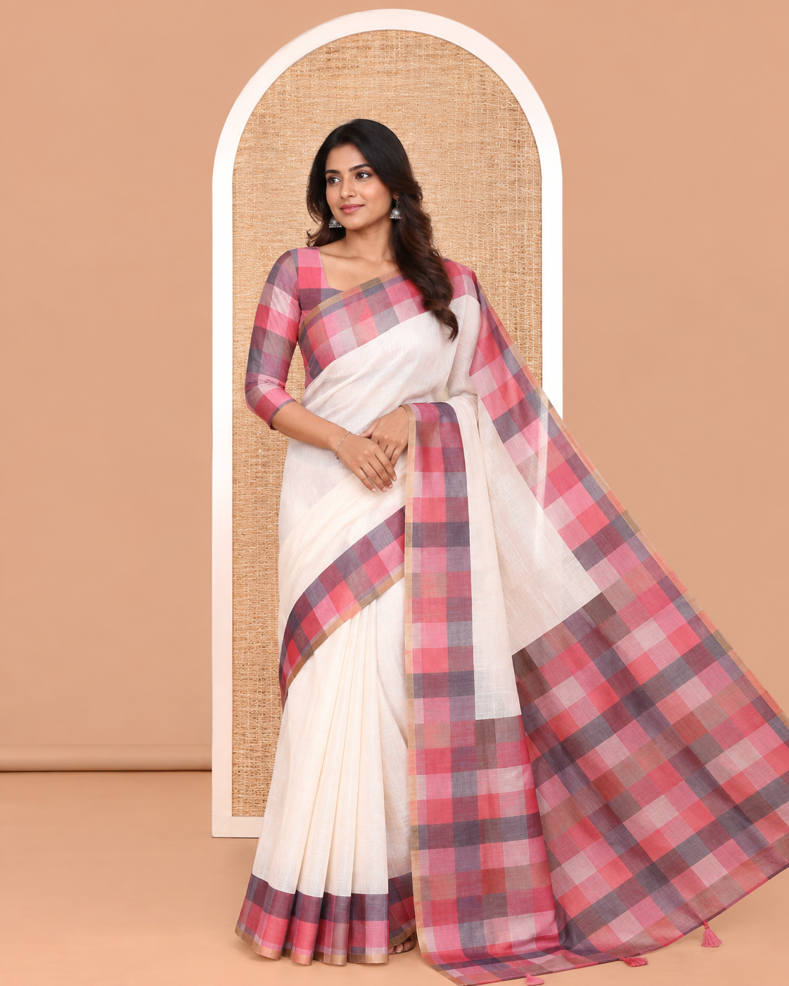 Cream-Dusky Pink Plain Handloom Cotton Saree, a Contrast Checked Border, Checked Pallu, and a Contrast Blouse