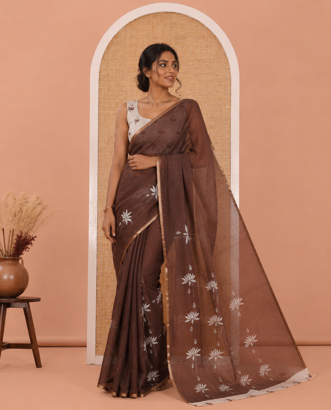 Brown Linen Cotton Saree, Accentuated with Pichwai Lotus Motifs Print, Subtle Piping Border, Pallu Mirrors the Same Pichwai Lotus Print, and Paired with a Contrast Pichwai Lotus Printed Blouse