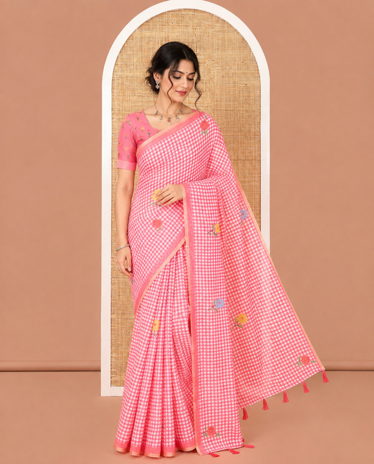 Pink Linen Cotton Saree, Bedecked with Micro-Checks and Floral Motifs on Its Body, Subtle Piping Border, a Self-Pallu, and Paired with a Rose Floral Printed Blouse