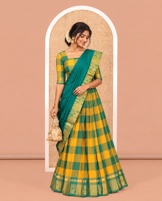 Orange-Green Mercerised Cotton Saree