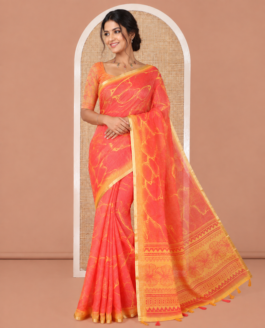 Red Linen Cotton Saree, Elevated with Abstract Floral Print On Its Body, Subtle Piping Border, Pallu of Floral and Geometric Print, and Paired with a Contrast Blouse