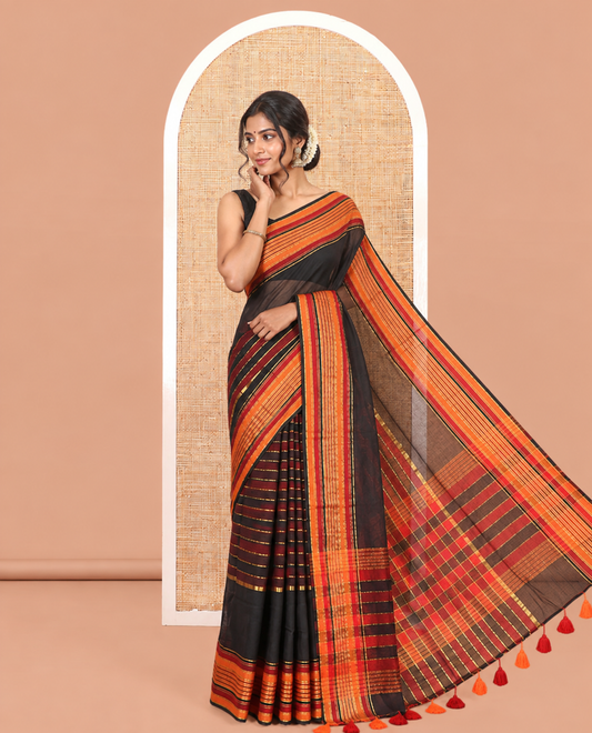 Black Striped Khadi Mul Cotton Saree, a Contrast Zari Striped Horizontal Border, and No Blouse