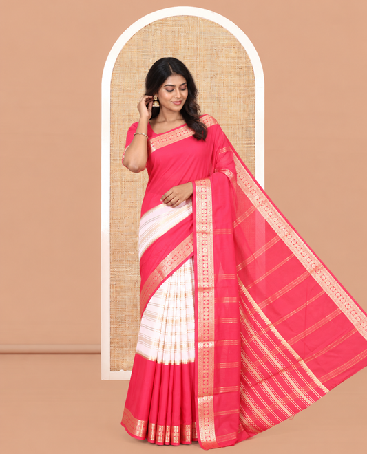 Rani Pink Zari Striped Art Mysore Crepe Saree, a Contrast Traditional Zari Big Border, a Grand Pallu, and a Contrast Blouse