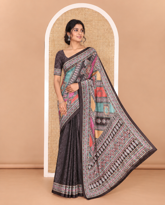 Black kaleidoscopic-colored intricate motifs printed with mirror work masakali saree, printed border, printed pallu, and a matching blouse