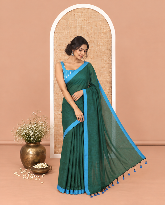 Green Plain Khadi Cotton Saree, a Contrast Border, a Self-Pallu, and No Blouse