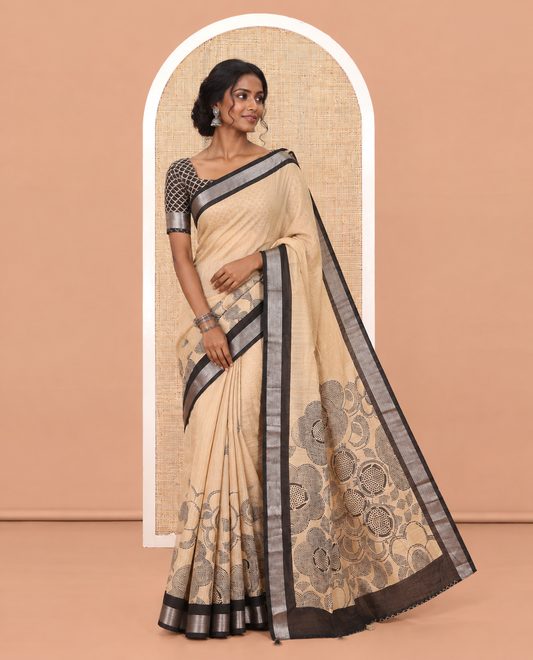 Chikku Jute Linen Saree, Embellished with Floral Print, a Contrast Zari Border, Geometric Printed Pallu, and a Contrast Blouse