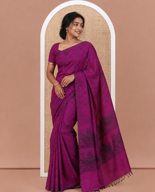 Borderless Purple South Cotton Saree Features Traditional Village-Theme Print, and a Matching Blouse