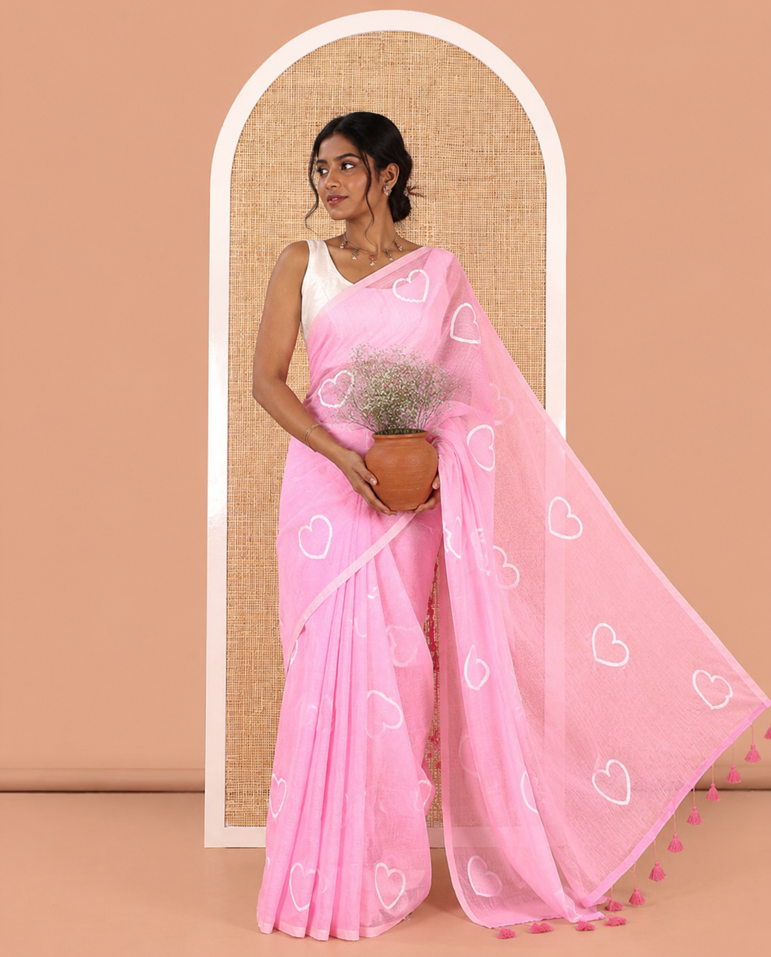 Borderless Pink Khadi Mul Cotton Saree, Steeped with Heart Motifs Print, and No Blouse
