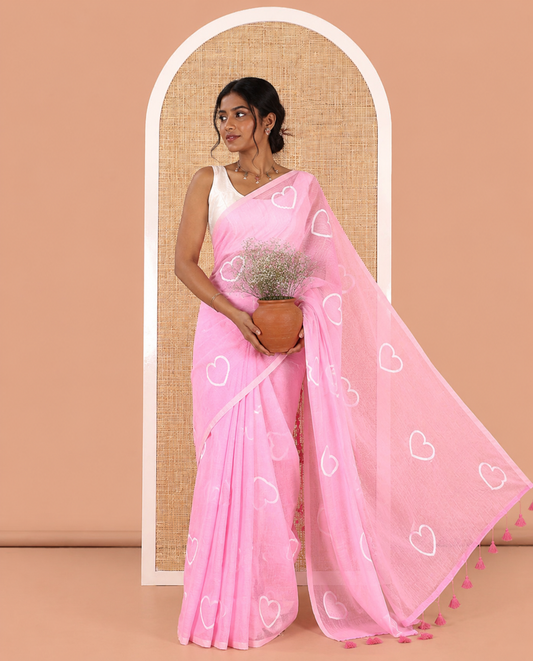 Borderless Pink Khadi Mul Cotton Saree, Steeped with Heart Motifs Print, and No Blouse