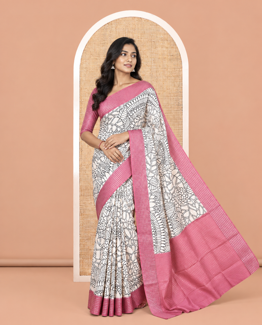 Cream-Onion Pink Dola Silk Saree, Adorned with Floral Print, a Contrast Checked Border, Pallu of Buttas, and a Contrast Blouse