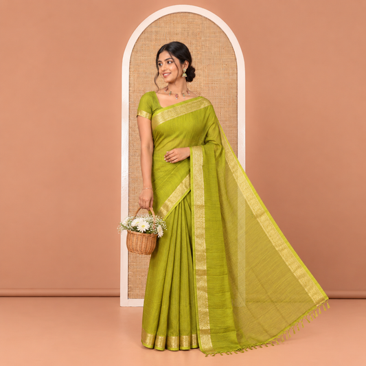 Mehendi Plain Moss Chiffon Saree, Highlighted by a Zari Border of Paisley Designs, a Self-Pallu, and Has No Blouse