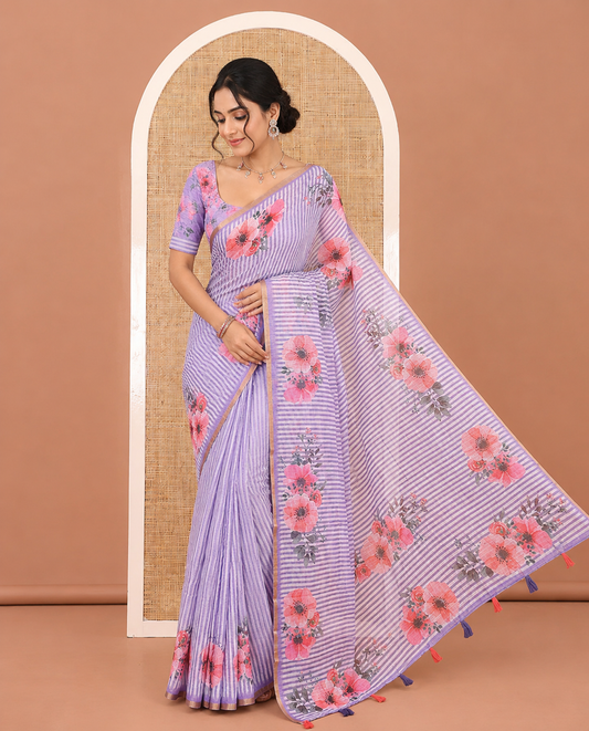 Lavender Linen Cotton Saree Features Stripes, and Floral Print, a Piping Border, Floral Pallu and a Matching Blouse