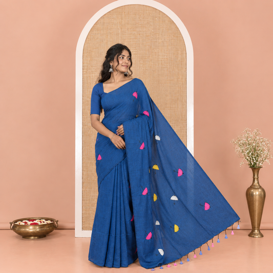 Borderless Blue Khadi Cotton Saree, Delicately Woven with Umbrella Motifs, Thread Embroidered on Its Body, a Self-Pallu, and Paired with a Matching Blouse