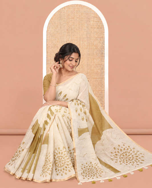 Borderless Green Linen Cotton Saree, Geometric-Abstract Print and Contrast Blouse
