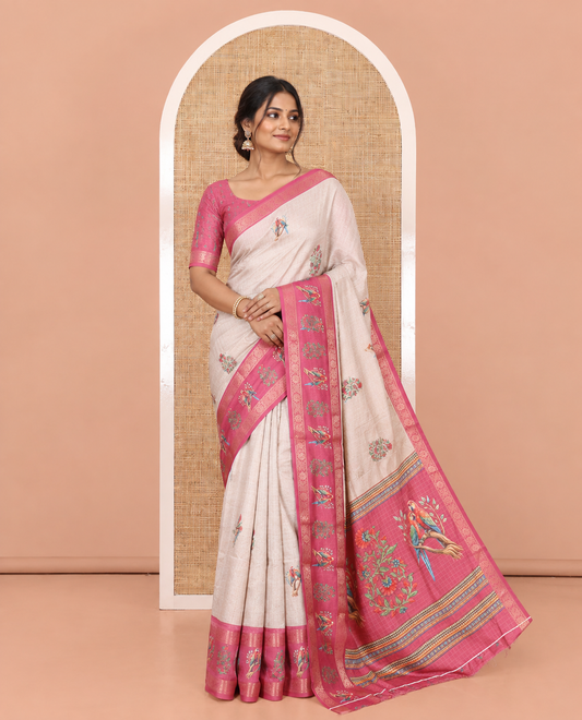 Chikku-Rani Moss-Chiffon Saree, Decorated with Checks and Floral-Macaw Print, Contrast Border, Printed Pallu, and Contrast Blouse