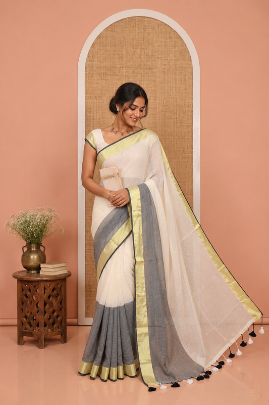 Off-White-Grey Plain Khadi Mul Cotton Saree, a Bavanji Border, a Self-Pallu, and No Blouse