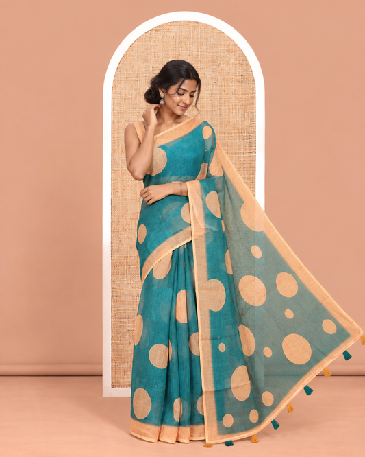Green Linen Cotton Saree, Subtly Sparkled with Polka Dot Buttas, a Contrast Border, a Contrast Blouse