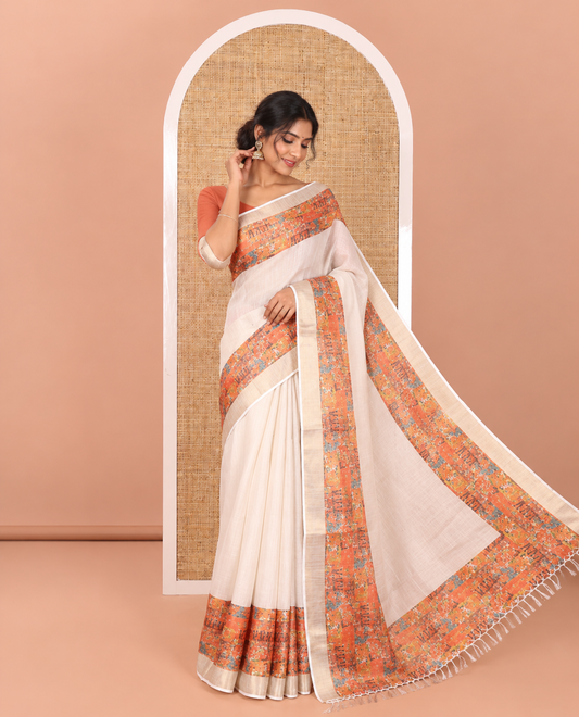 Cream and Orange Plain Tissue Saree Creatively Decked with Contrasting Kerala Mural Painting-Style Intricately Printed Border, Painting-Style Printed Pallu, and a Contrast Plain Blouse