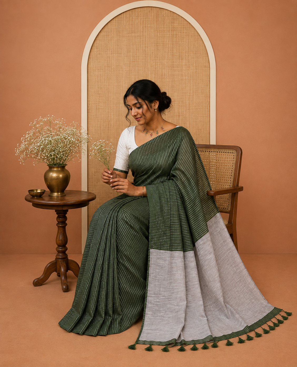 Borderless Bottle Green Zari Striped Khadi Cotton Saree, Contrast Pallu, and No Blouse