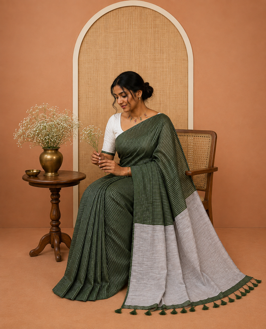 Borderless Bottle Green Zari Striped Khadi Cotton Saree, Contrast Pallu, and No Blouse