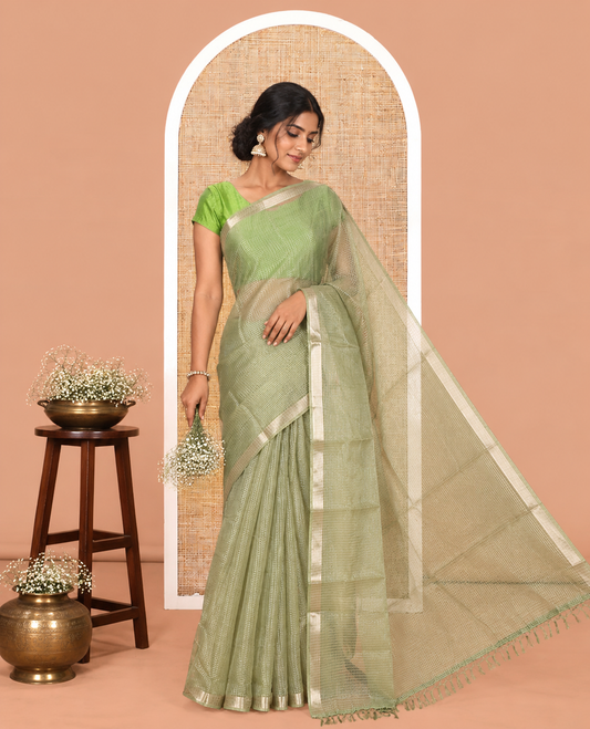 Green Semi-Organza Chex Saree