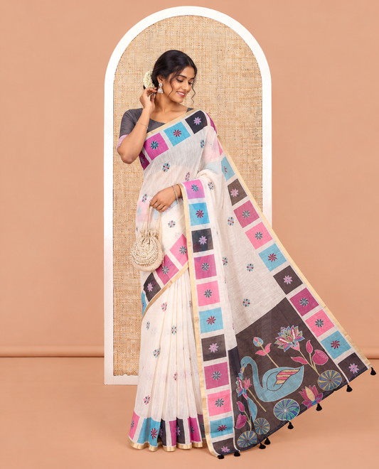Cream-Black Linen Cotton Saree