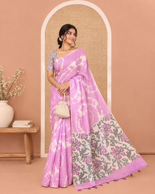 Borderless Lavender Linen Cotton Saree, Elevated with Shibori Printed on Its Body, Complemented by Contrast Floral Printed Pallu, and Paired with a Contrast Floral Printed Blouse