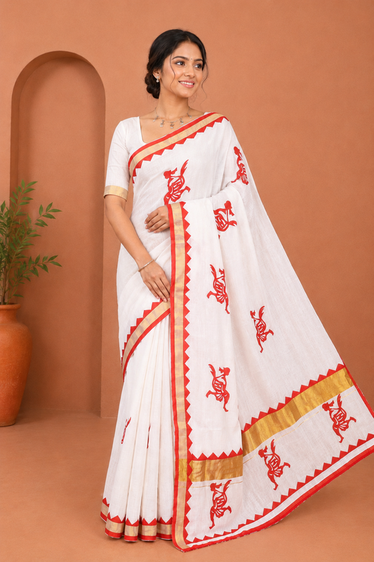 Cream-Red Kerala Cotton Saree, Elevated with Figurine Patch Applique Embroidery, a Contrast Temple Border, and Matching Blouse