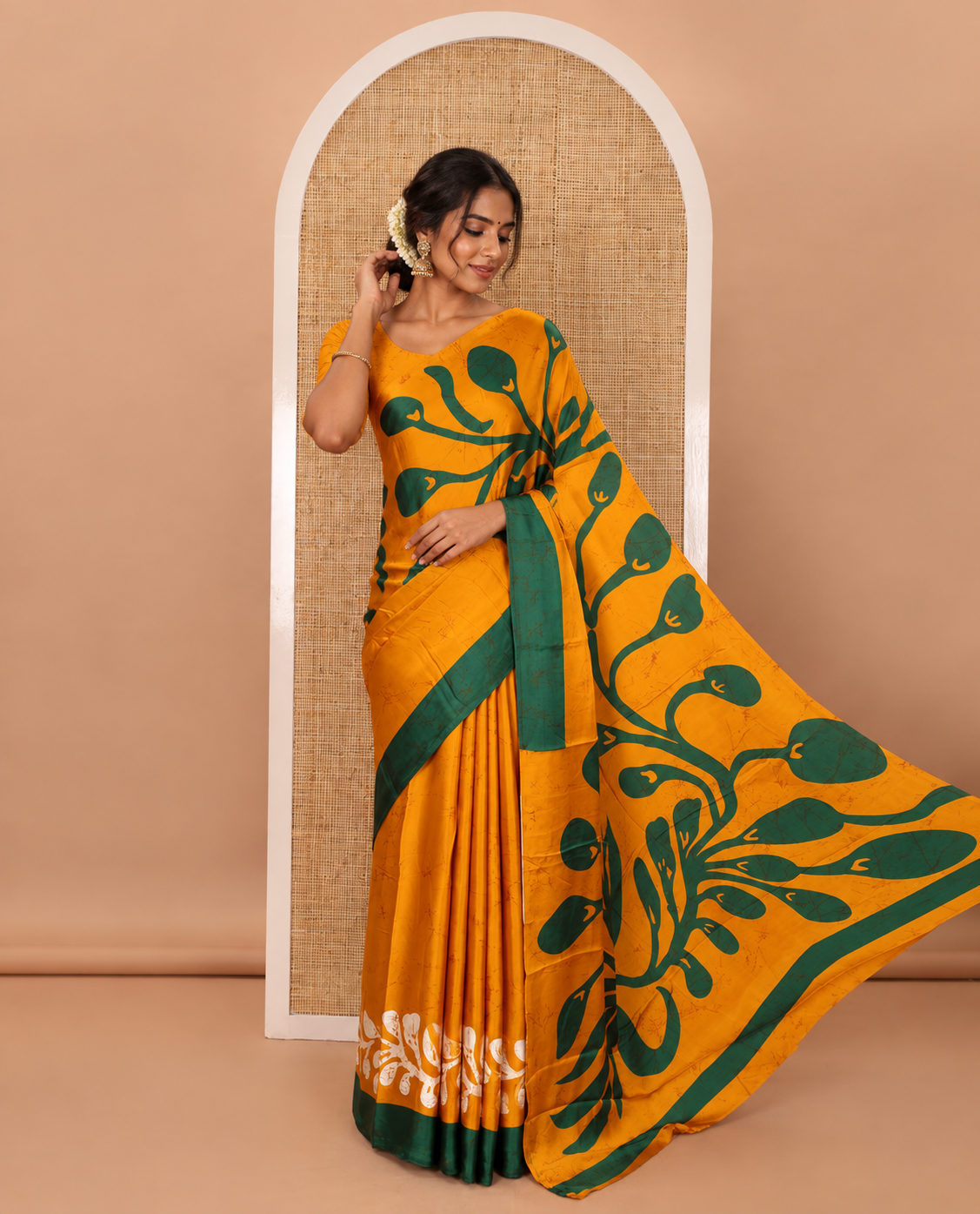 Borderless gold batik-style vine printed satin crepe saree, fancy printed self-pallu & batik printed blouse
