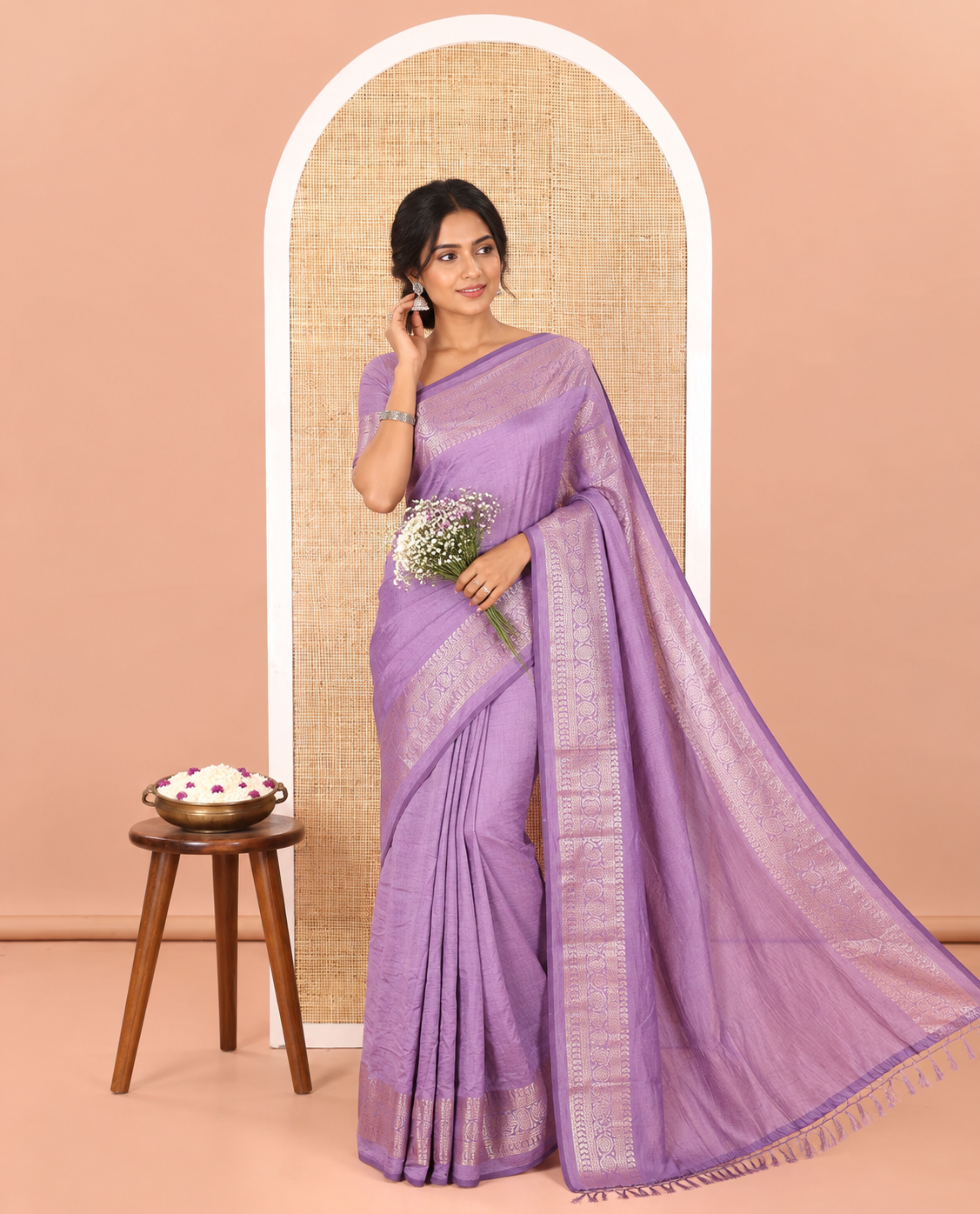 Lavender Plain Vichitra Silk Saree Subtly Sparked with Self-Border Featuring Traditional Designs, Plain Pallu, and Comes Without Blouse