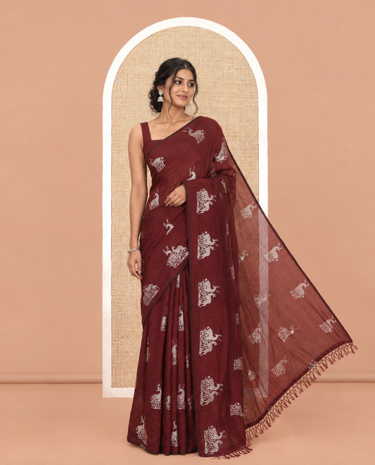 Borderless Maroon Vichitra Silk Saree, Decorated with Deer Motifs, Self-Pallu, No Blouse