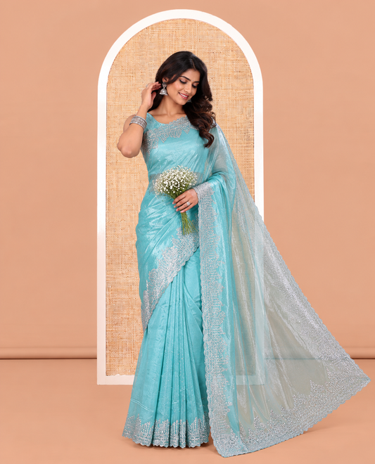 Sky Blue Twill Net Saree