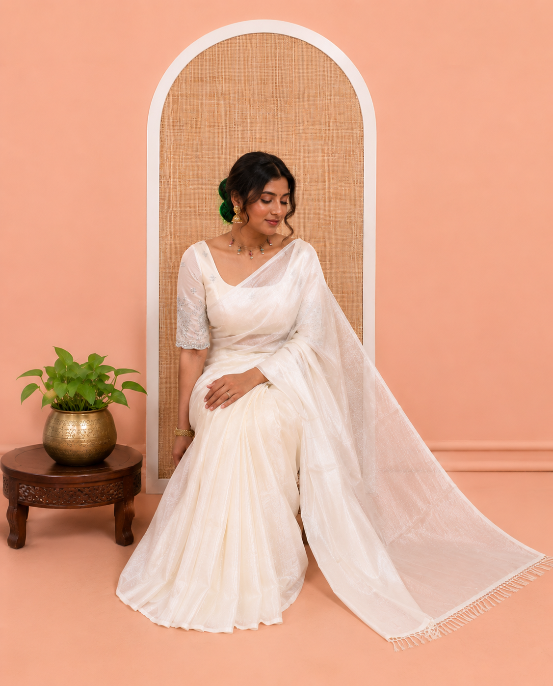 Borderless Off-White Plain Fendi Chiffon Saree, a Self-Pallu, and a Matching Peacock Embroidered Blouse