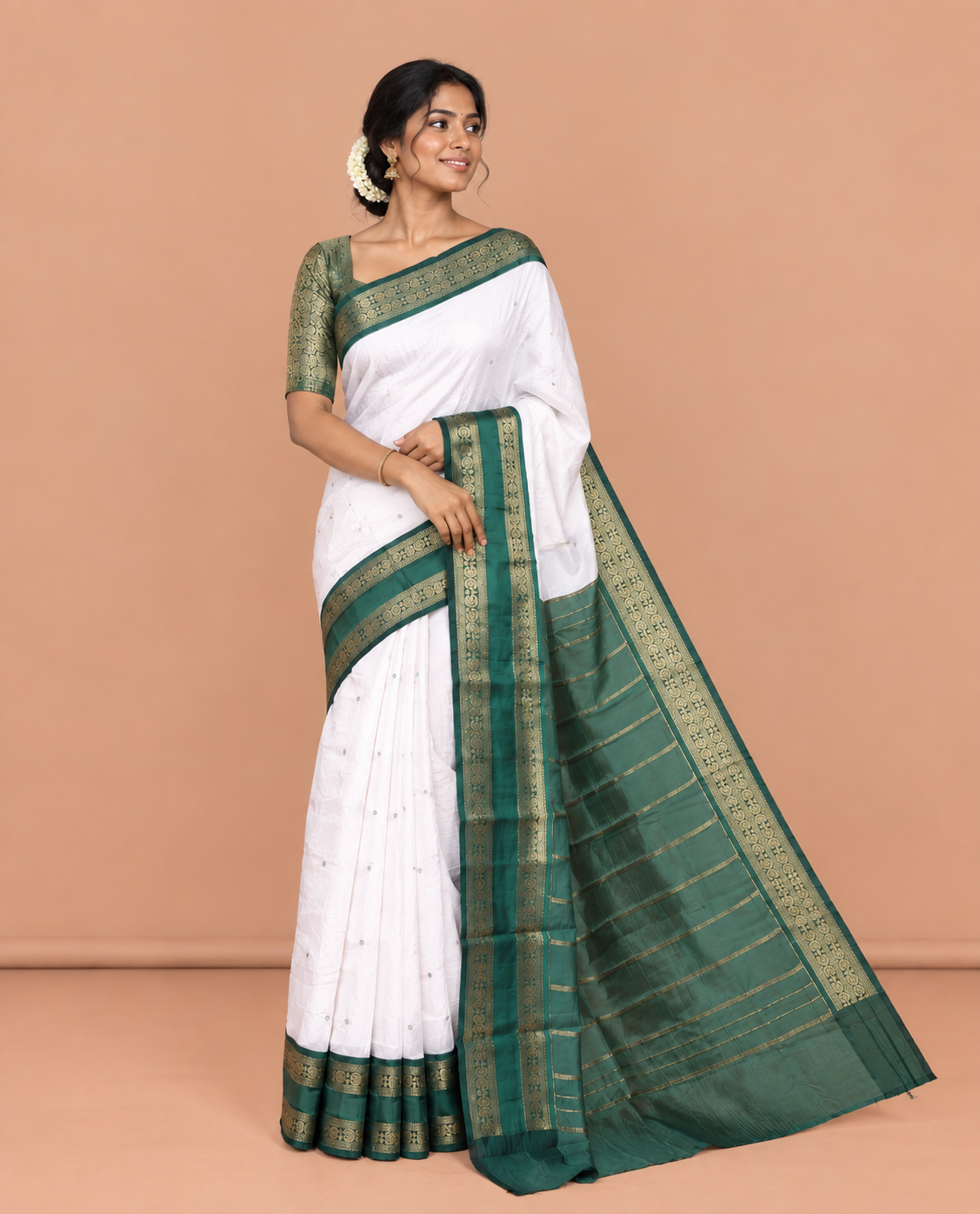 Cream-Green Elite Soft Silk Saree, Adorned with Buttas, Contrast Traditional Rettai Pettu Border, Striped Pallu, and Contrast Blouse