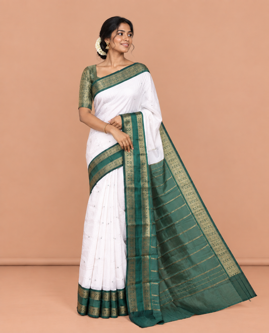 Cream-Green Elite Soft Silk Saree, Adorned with Buttas, Contrast Traditional Rettai Pettu Border, Striped Pallu, and Contrast Blouse