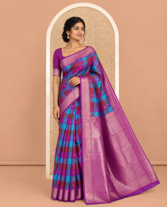 Violet Buttas-Checked Semi-Kanchi Silk Saree, a Traditional Border, Grand Pallu, Matching Blouse