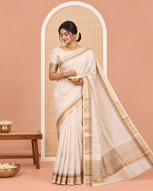 Cream Plain Art Tussar Saree