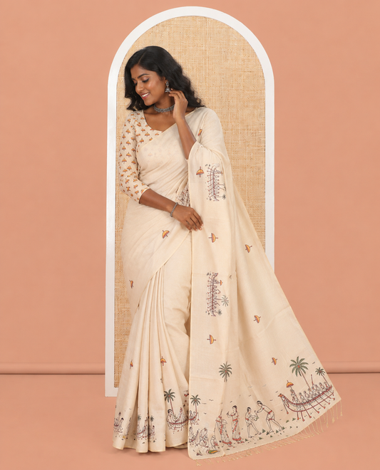Borderless Gold Tissue Saree, Artfully Detailed with Kerala-Culture-Themed Print, and a Matching Blouse