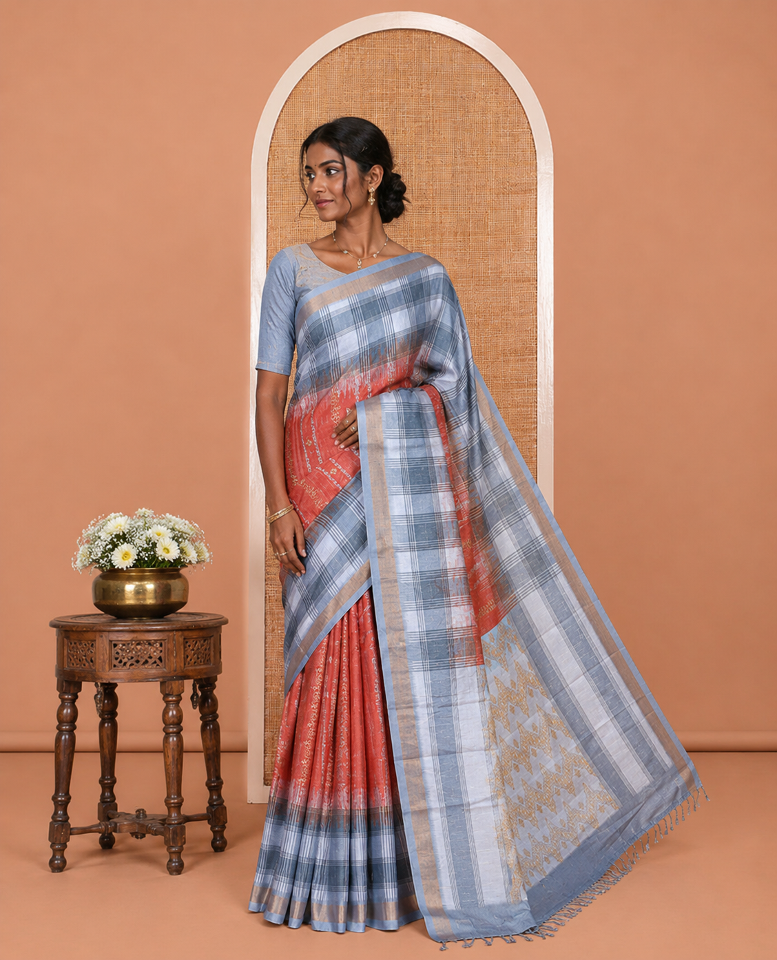 Rust Floral Design Manipuri Silk Saree, Contrast Checked Border, Mughal-Style Pallu, Contrast Blouse