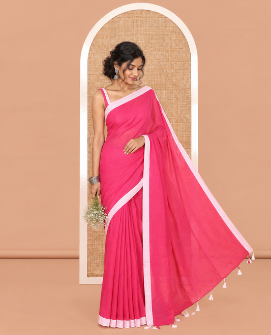 Rani Pink Plain Khadi Cotton Saree, a Contrast Border, a Self-Pallu, and No Blouse