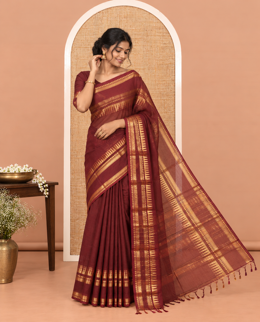 Coffee Brown Zari Buttas Chettinad Cotton Saree, a Traditional Zari Rettai Pettu Temple Border, Striped Pallu, a Matching Blouse
