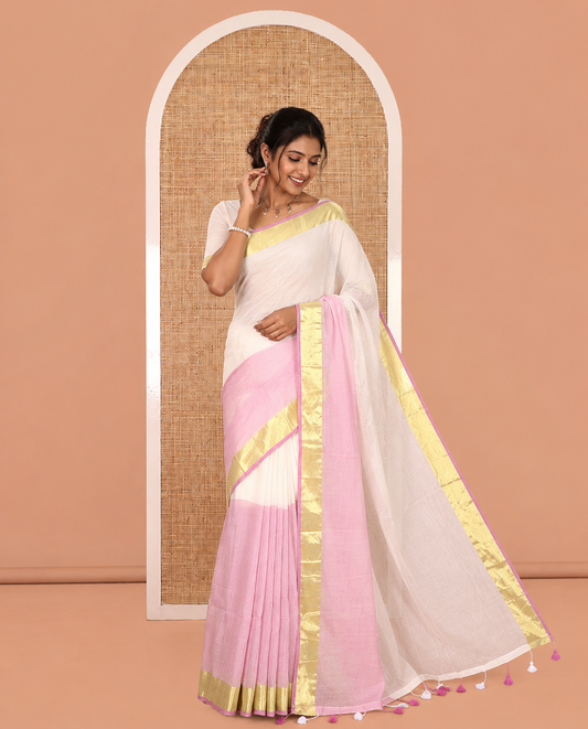 Cream-Lavender Half-And-Half Plain Khadi Mul Cotton Saree, a Gold Zari Border, Striped Pallu, and No Blouse