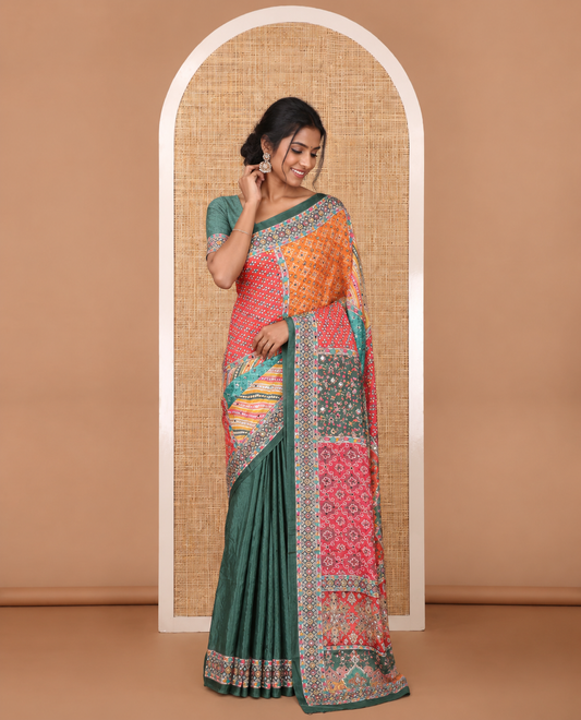 Multi-colour geometric printed, mirror work masakali saree with printed, mirror work border & printed pallu along with plain blouse