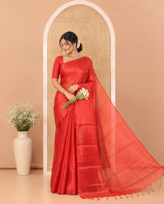 Borderless Red Plain Khadi Tissue Saree, a Self-Pallu, and Paired with a Matching Blouse
