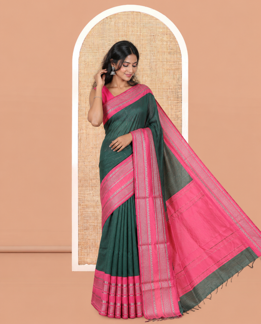 Bottle Green Plain Semi-Raw Silk Saree, a Contrast Silver Zari Border, a Contrast Pallu, and a Contrast Blouse