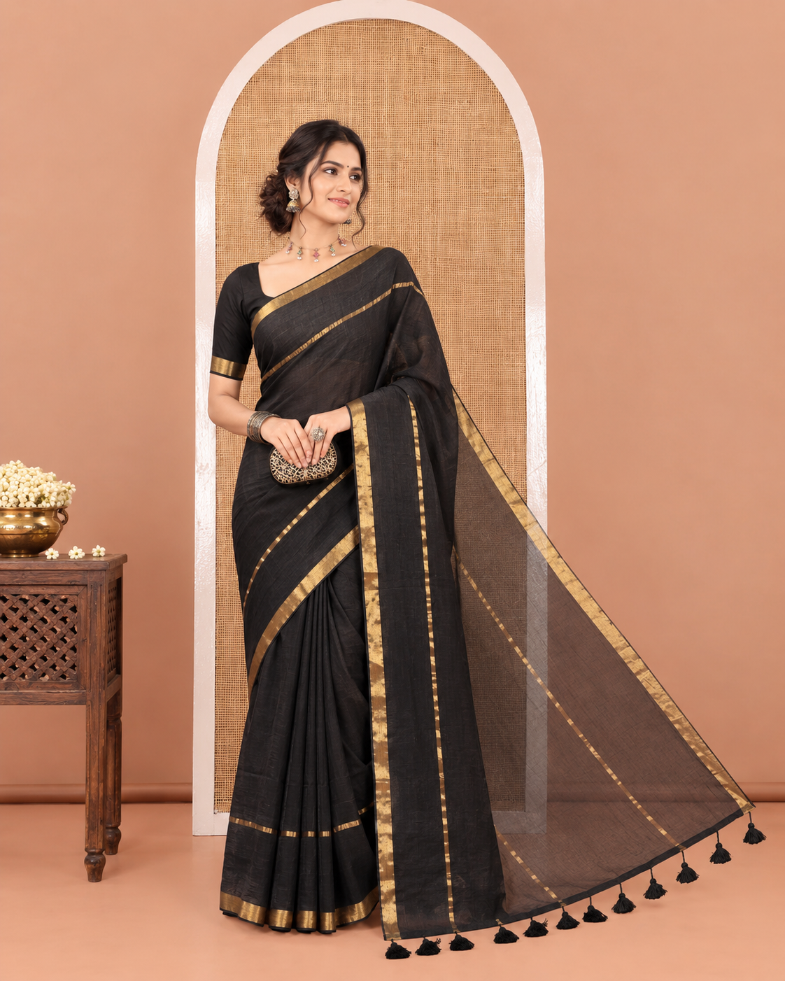 Black Plain Khadi Mul Cotton Saree, Subtly Sparkled with Zari Border, Self-Pallu, and Paired with a Matching Blouse