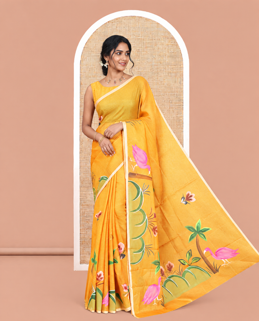 Mustard Kota Doria Saree Features Flora-Flamingo Hand-Brush Print, a Piping Border, Matching Blouse