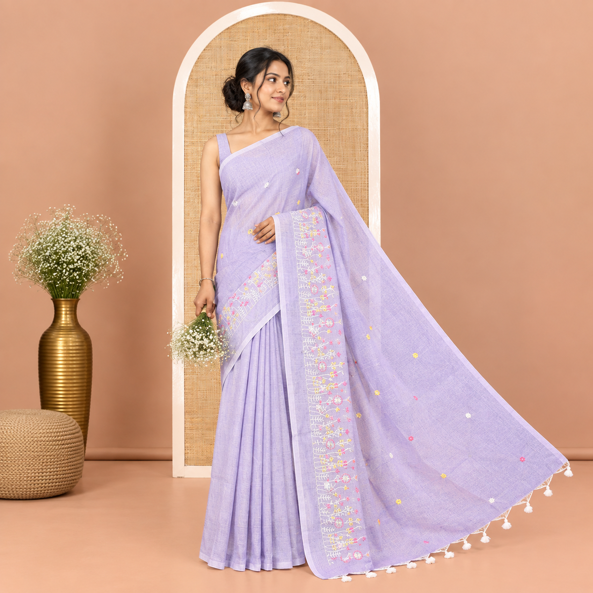 Borderless Lavender Khadi Cotton Saree, Delicately Woven with Flower Motifs Embroidery All Over Its Body, a Self-Pallu, and Paired with a Matching Blouse