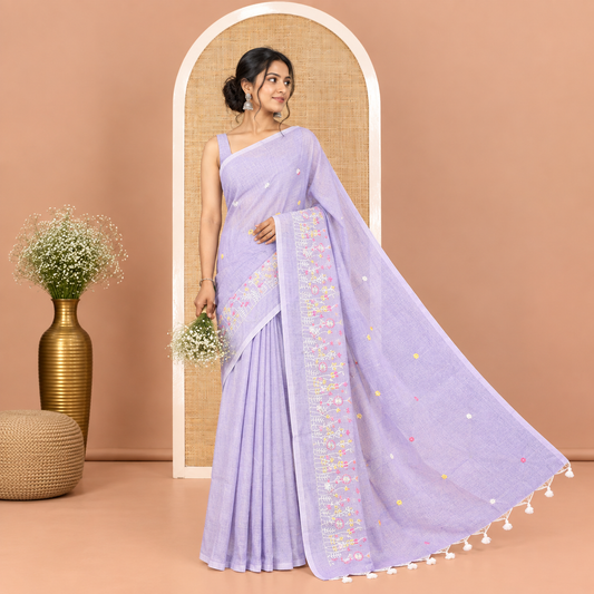 Borderless Lavender Khadi Cotton Saree, Delicately Woven with Flower Motifs Embroidery All Over Its Body, a Self-Pallu, and Paired with a Matching Blouse